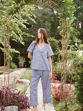 Gingham V-Neck Pajama Set in Blue